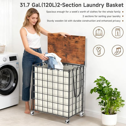 Laundry Basket with Wheels, Heavy Duty Laundry Sorter 2 Sections, 120L Large - Image 6