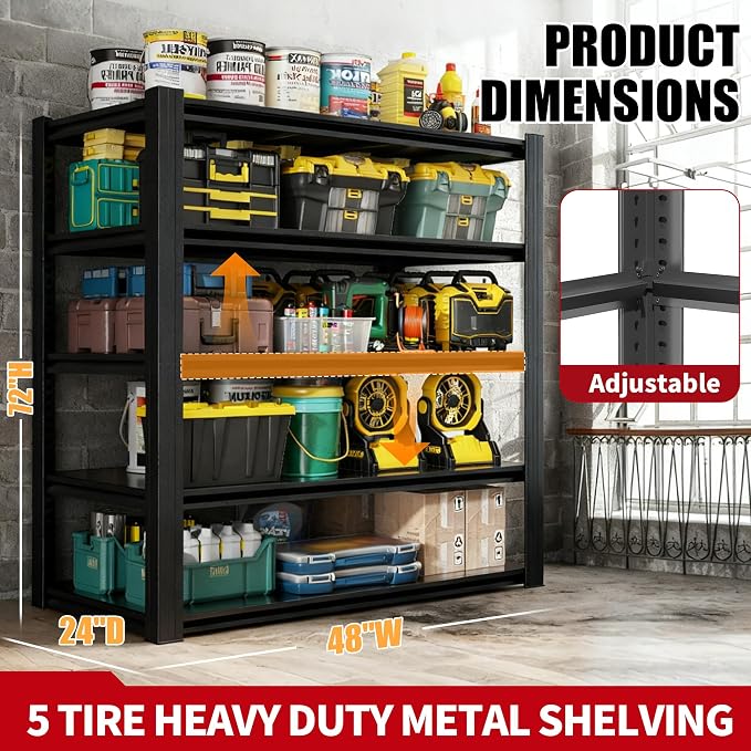72" H Garage Shelving, Metal Storage Shelves, Adjustable 5 Tier Storage Rack - Image 2