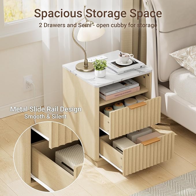Fluted Night Stand with Charging Station, 2 Drawers End Table with Storage - Image 6