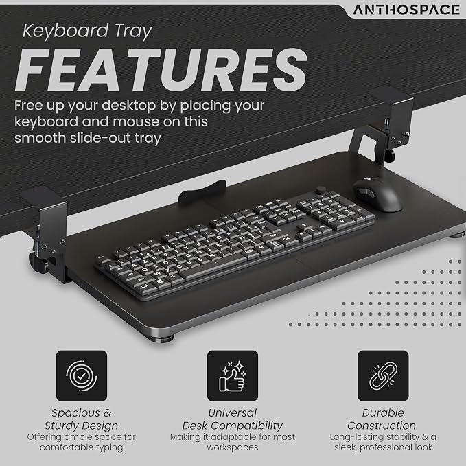 Under Desk Keyboard Tray Slide Out, 25 x 9.8 Inch Clamp-On Pull Out Drawer - Image 4