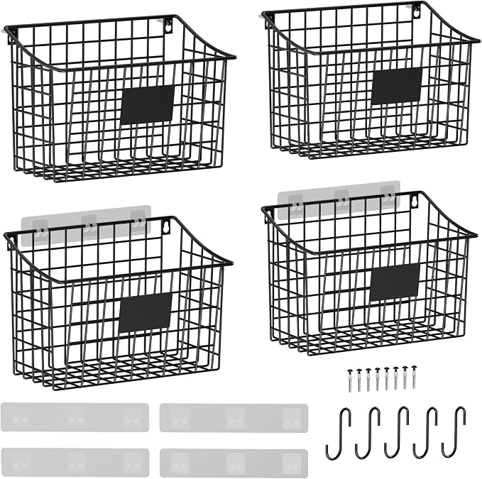 Wall Basket with Label Plate & 5 S-Hooks –4 Pack Hanging Wire Basket by X-cosrack