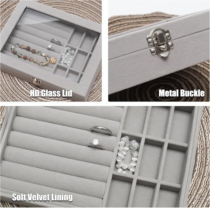Small Velvet Jewelry Tray with Clear Lid, 2-in-1 Gray | Lockable Ring Earring - Image 3