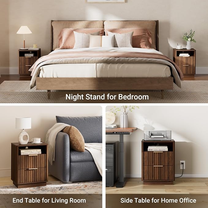 Fluted Night Stand with Charging Station, 2 Drawers End Table with Storage - Image 7
