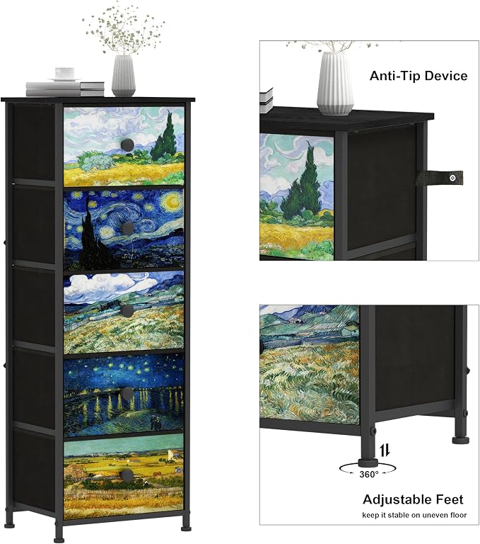 Dresser with 5 Drawers Narrow Tall Nightstand Van Gogh Dresser - Image 4