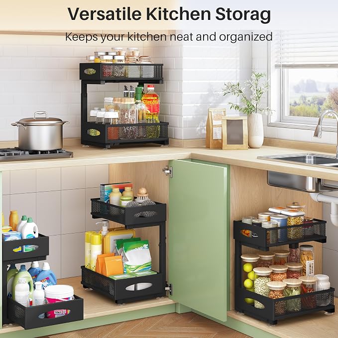 Under Sink Organizer, 2 Pack 2 Tier Pull out Cabinet Organizer Baskets - Image 8