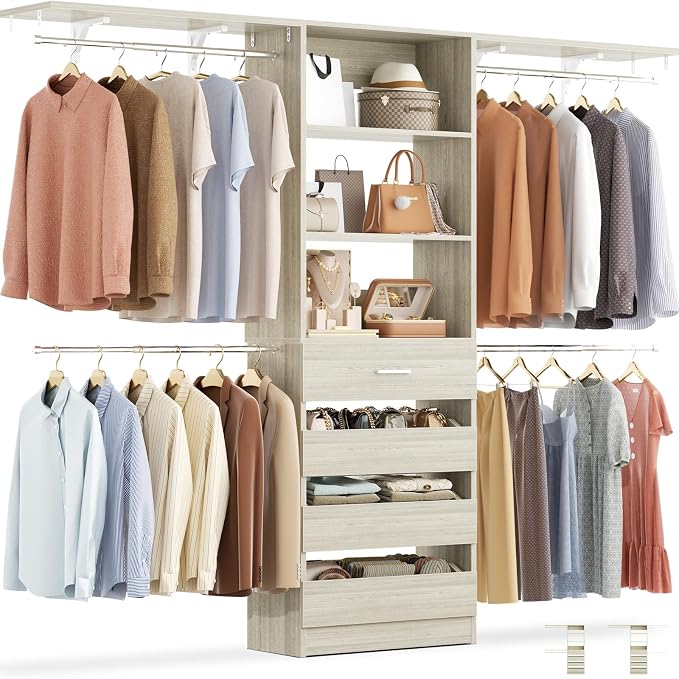 Aheaplus Closet System with 4 Drawers, 8FT Wood Closet Organizer System by Aheaplus