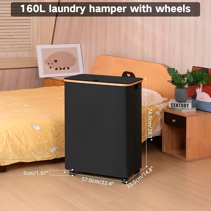Lagre Laundry Basket with Wheels, Laundry Hamper with Lid, 160L Clothes Hamper - Image 2