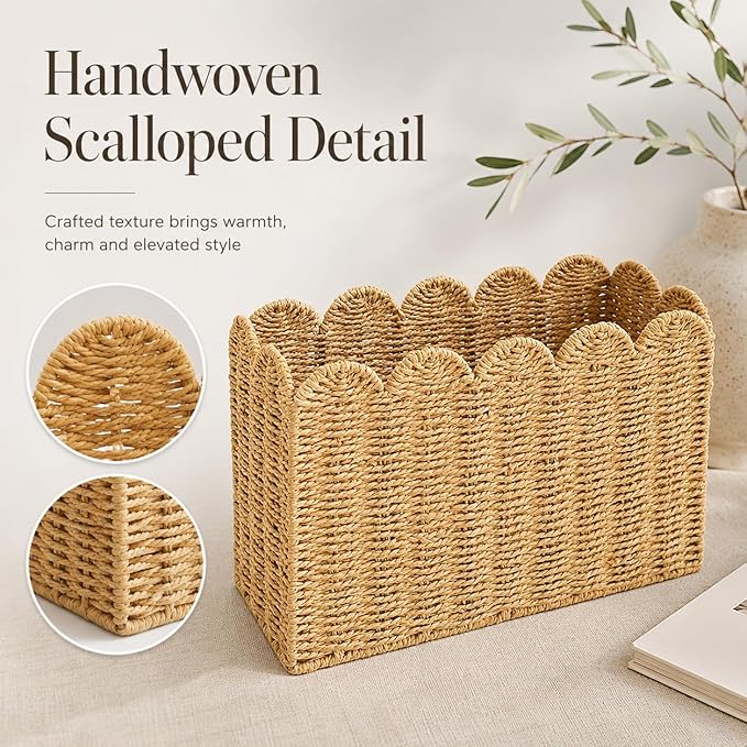 Paper Rope Magazine Holder, Tall Narrow Scalloped Basket | Handwoven Paper Rope - Image 3