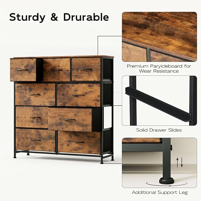 WLIVE Tall Dresser for Bedroom, 9 Drawer Chest of Drawers, Rustic Brown | 9 - Image 9