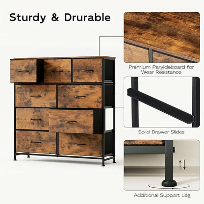 WLIVE Tall Dresser for Bedroom, 9 Drawer Chest of Drawers, Rustic Brown | 9 - Image 9