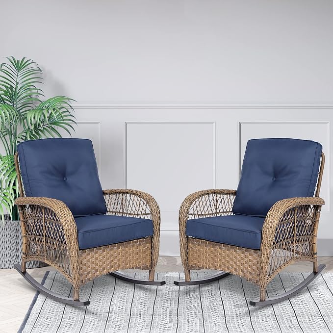 VIVIJASON 2 Piece Patio Wicker Rattan Rocker Chair, Outdoor Rattan Rocker Chair - Image 7