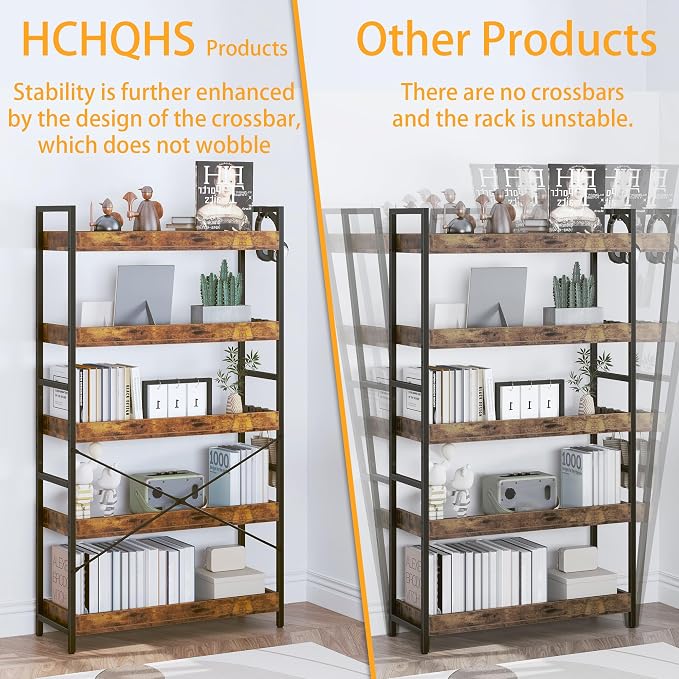 HCHQHS 5 Tier Bookshelf, Adjustable Industrial Bookcase, Vertical Tall Book - Image 6
