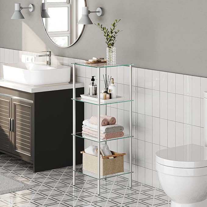 HOOBRO Glass Shelf, 4 Tier Bathroom Standing Shelf Unit, Tempered Glass - Image 4