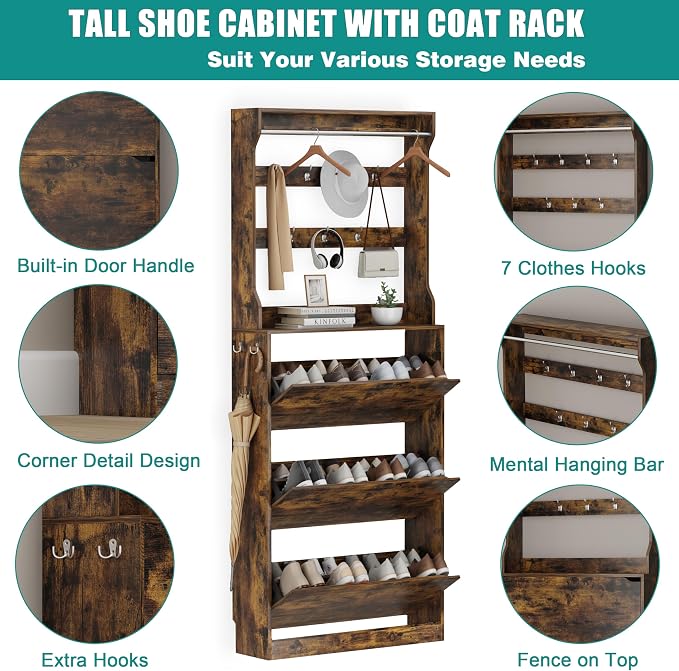 Shoe Cabinet for Entryway with 3 Flip Drawers, Narrow Hidden Slim Freestanding - Image 6