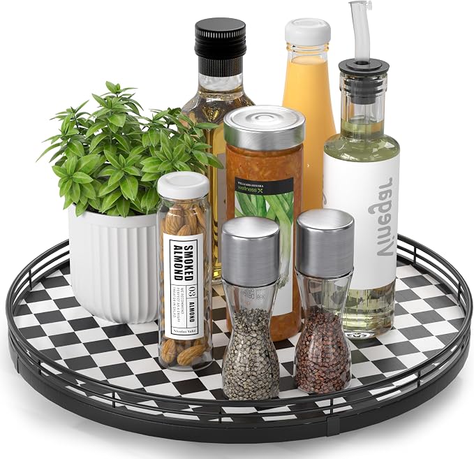 Black and White Kitchen Lazy Susan Turntable – Checkered Round Decorative Tray by AMH