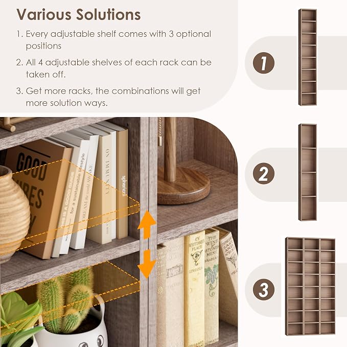 FOTOSOK Bookshelf Bookcase 8-Tier Narrow Bookshelf Tall CD Media Tower Rack | - Image 8