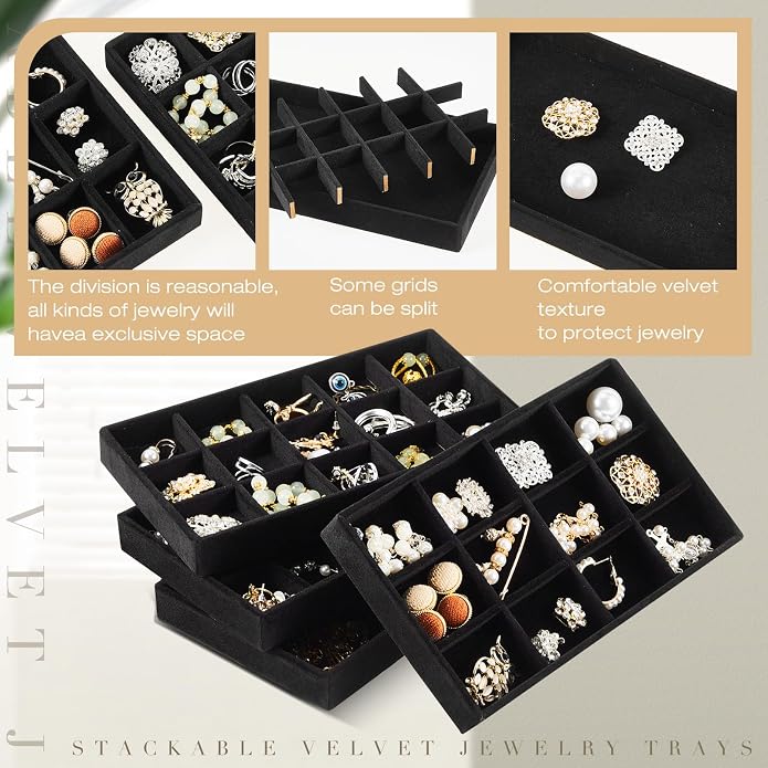 Junkin 12 Pcs Jewelry Tray Velvet Stackable Jewelry Organizer Trays Divided - Image 3
