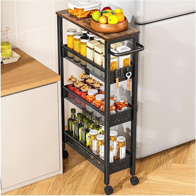 Utility Slim Storage Cart with Wheels, 4 Tier Small Rolling Cart with Wood Top by EndlessStorage