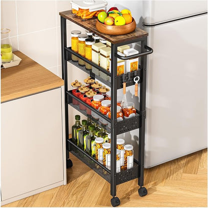 Utility Slim Storage Cart with Wheels, 4 Tier Small Rolling Cart with Wood Top by EndlessStorage