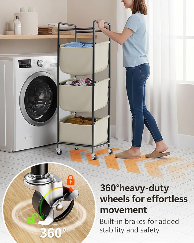 3 Section Laundry Sorter with Removable Bags, 120L Rolling Vertical Laundry - Image 5