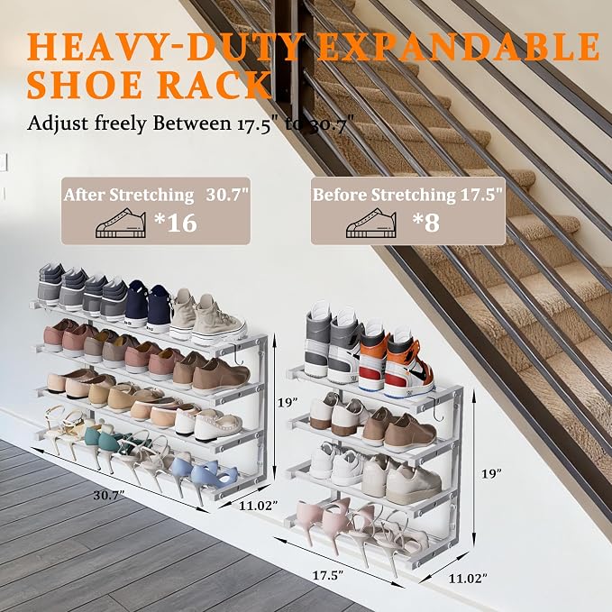 2 Pack Wall Mounted Shoe Rack, 4 Tier Hanging Shoe Rack Holds 32 Pairs - Image 2