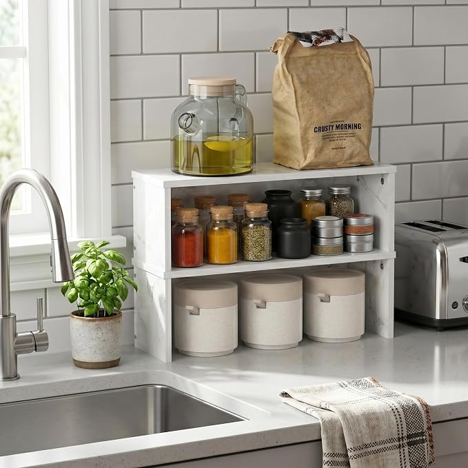 Furinno Helena Kitchen Counter Stackable Organizer Shelf, Marble White by Furinno-FitsYourSpaceFitsYourBudget
