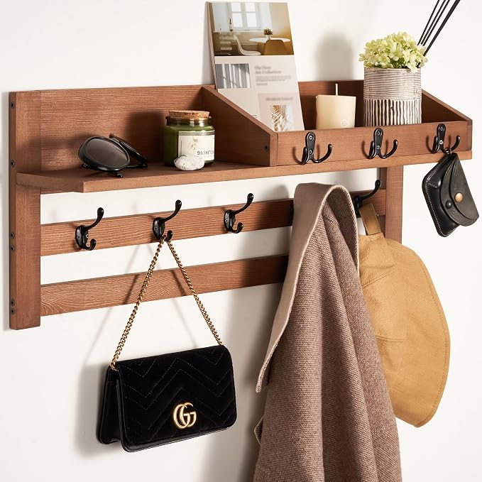 Coat Rack Wall Mount with Hooks & Shelf by BlossoME