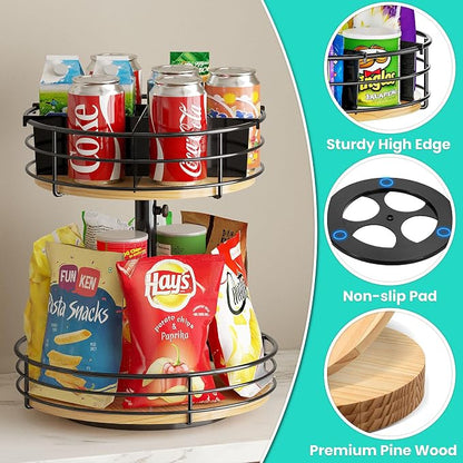 2 Tier Lazy Susan Snack Organizer, Adjustable Height, Wood Rotating Spice Rack - Image 4