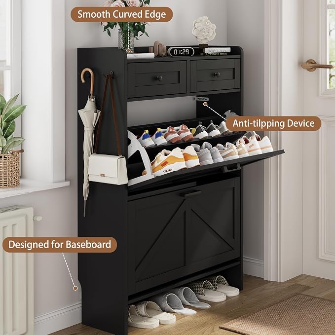 Shoe Cabinet with 2 Flip Drawers & 2 Top Drawers, Hidden Slim Shoe Rack - Image 5