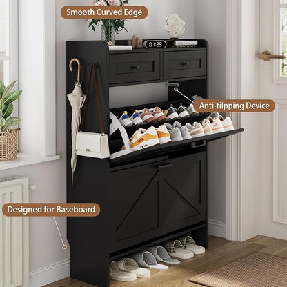 Shoe Cabinet with 2 Flip Drawers & 2 Top Drawers, Hidden Slim Shoe Rack - Image 5