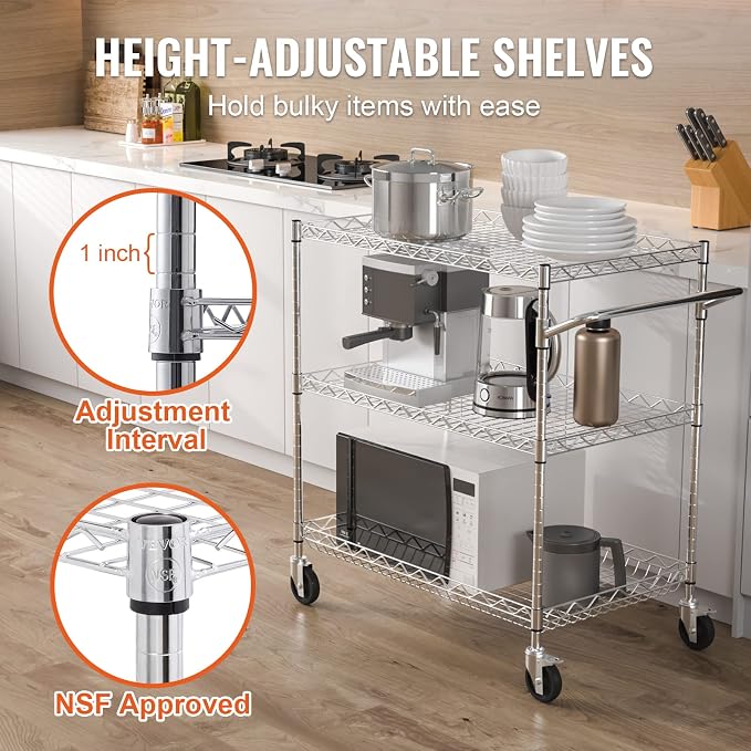 VEVOR Kitchen Utility Cart, 3 Tiers, Wire Rolling Table - Image 4