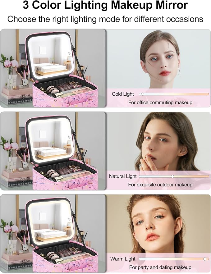 Relavel Travel Makeup Bag with LED Mirror, Portable Cosmetic Train Case with 3 - Image 3