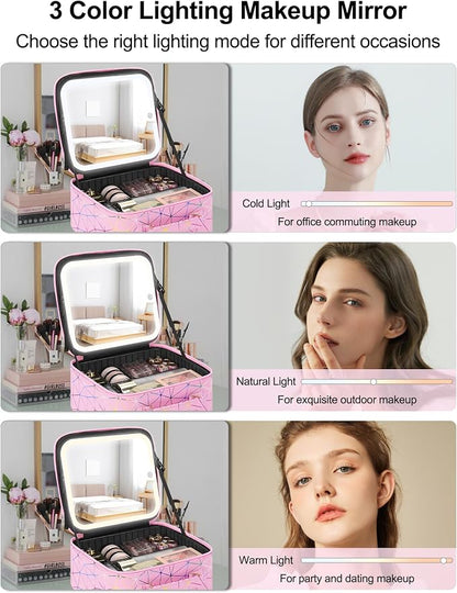 Relavel Travel Makeup Bag with LED Mirror, Portable Cosmetic Train Case with 3 - Image 3