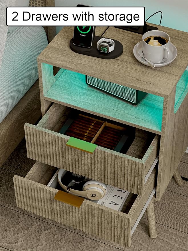 Nightstand with Charging Station and LED Lights, Modern Bedside Table with 2 - Image 7