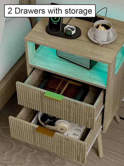 Nightstand with Charging Station and LED Lights, Modern Bedside Table with 2 - Image 7