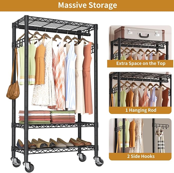 Heavy Duty Clothes Rack Rolling Garment Rack, 3 Tier Adjustable Wire Shelving - Image 4