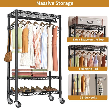 Heavy Duty Clothes Rack Rolling Garment Rack, 3 Tier Adjustable Wire Shelving - Image 4