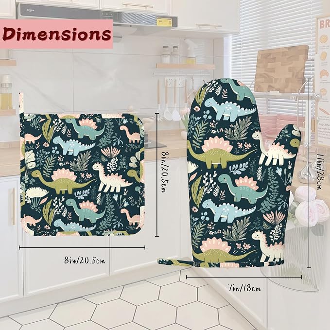 Cute Dinosaur Heat-Resistant Silicone Oven Mitts and Pot Holders 4 Piece Set - Image 2