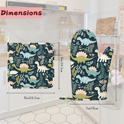 Cute Dinosaur Heat-Resistant Silicone Oven Mitts and Pot Holders 4 Piece Set - Image 2