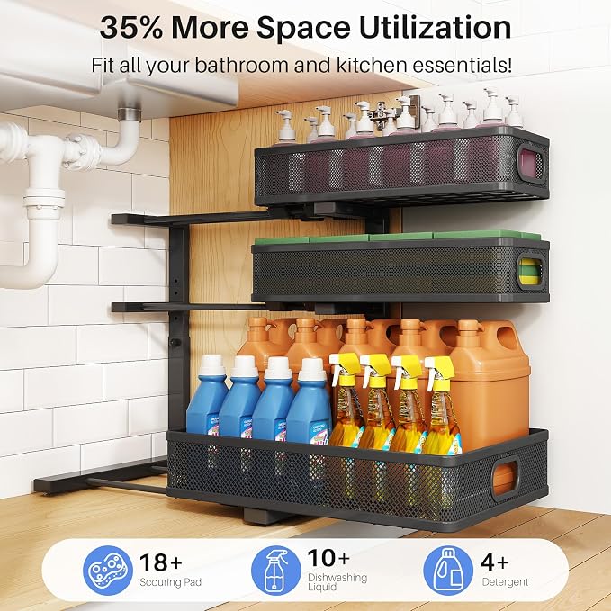 Under Sink Organizer, Height Adjustable Slide out Storage Drawer Rack - Image 4