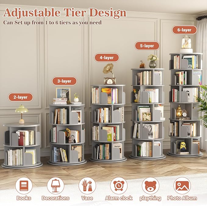 Aheaplus 6 Tier Rotating Bookshelf, Wood Spinning Bookshelf Tower, Round - Image 6