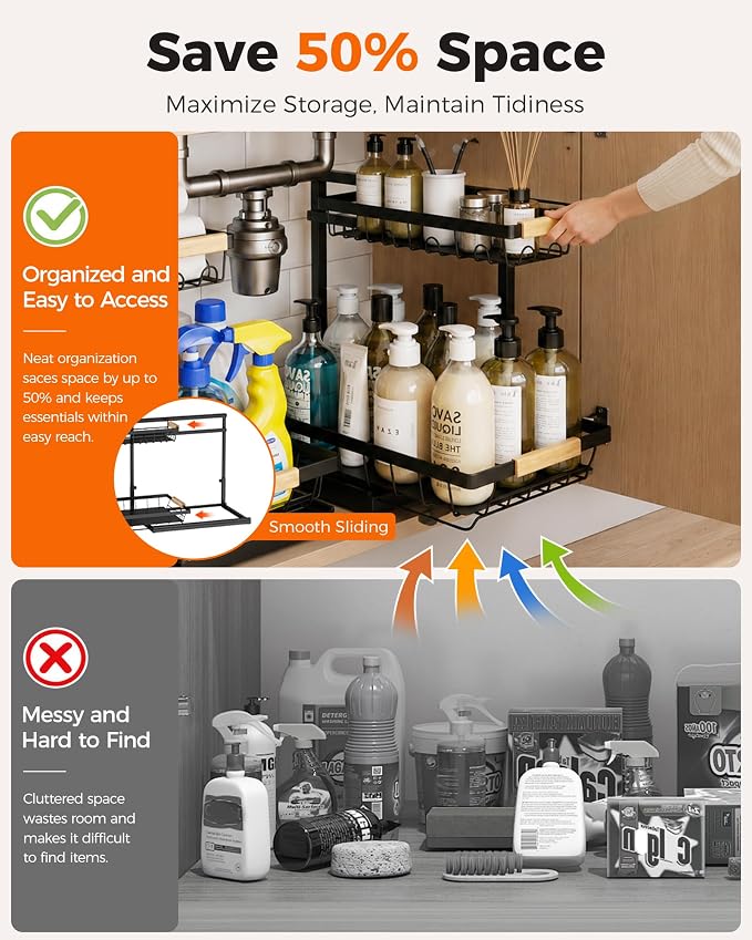 Sevenblue 2-Pack 2-Tier Height Adjustable Under Sink Organizer & Storage | - Image 2
