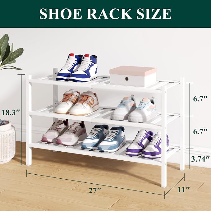 Smiry Bamboo Shoe Rack for Closet, 3 Tier Wooden Stackable Shoe Organizer - Image 2