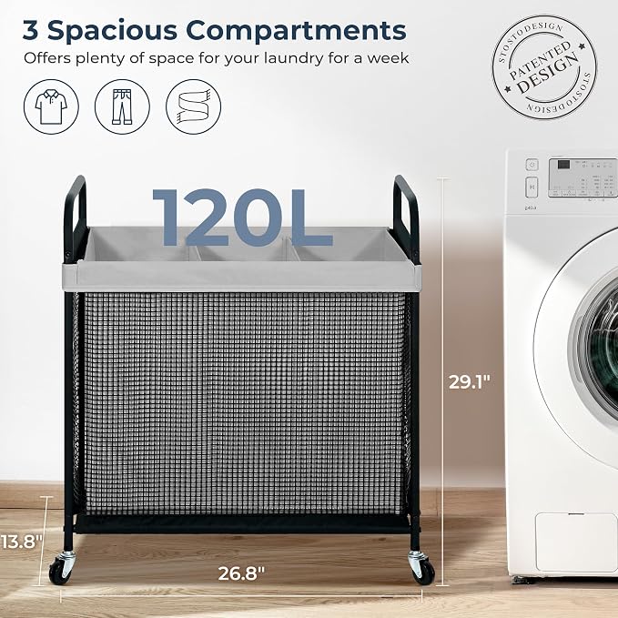 STO STO Laundry Hamper 3 Section, 120L Rolling Laundry Sorter Cart - Image 6