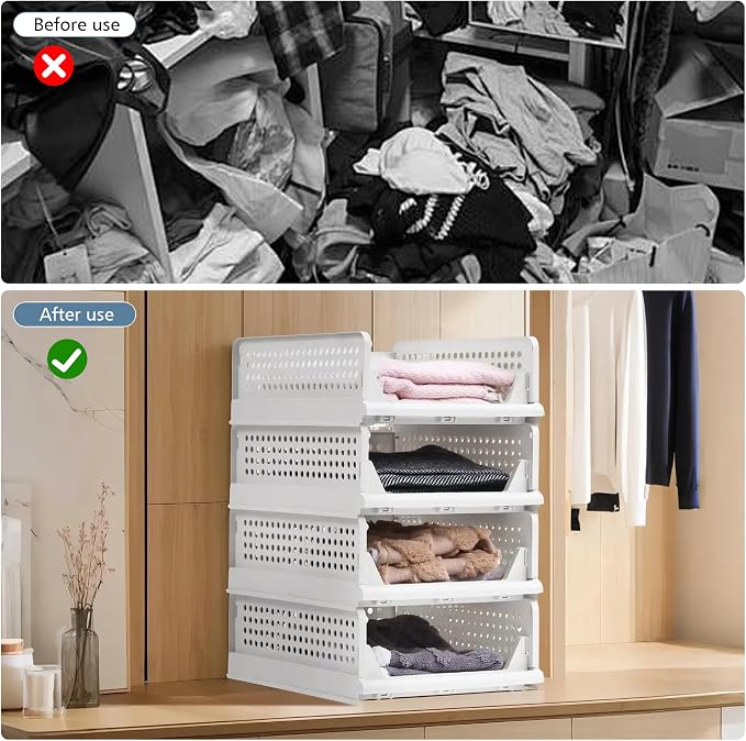 VECELO 4 Pack Plastic Closet Shelf Organizer, Stackable Sweater Storage Closet - Image 4