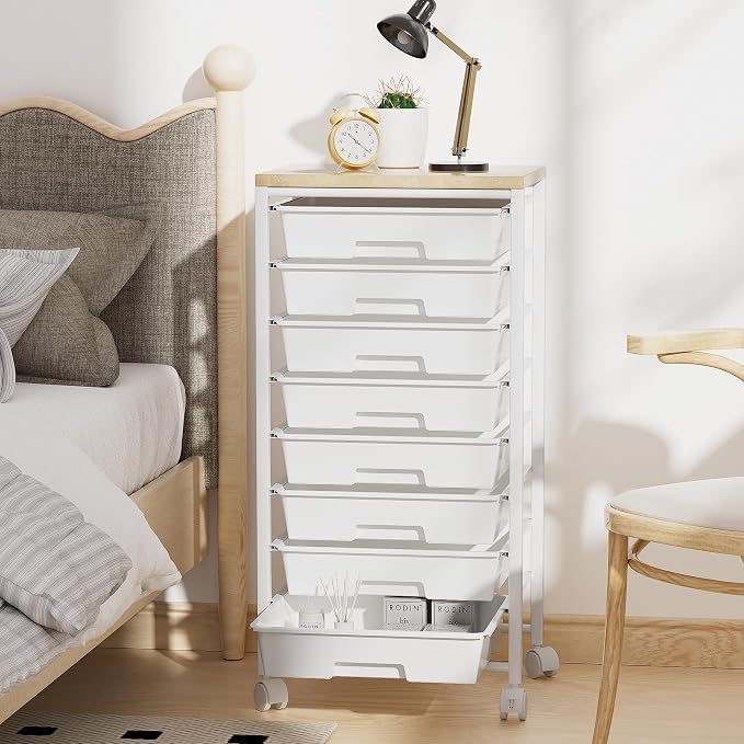 Rolling Cart with 8 Drawers, Storage Drawers Cart with Wooden Tabletop and - Image 7