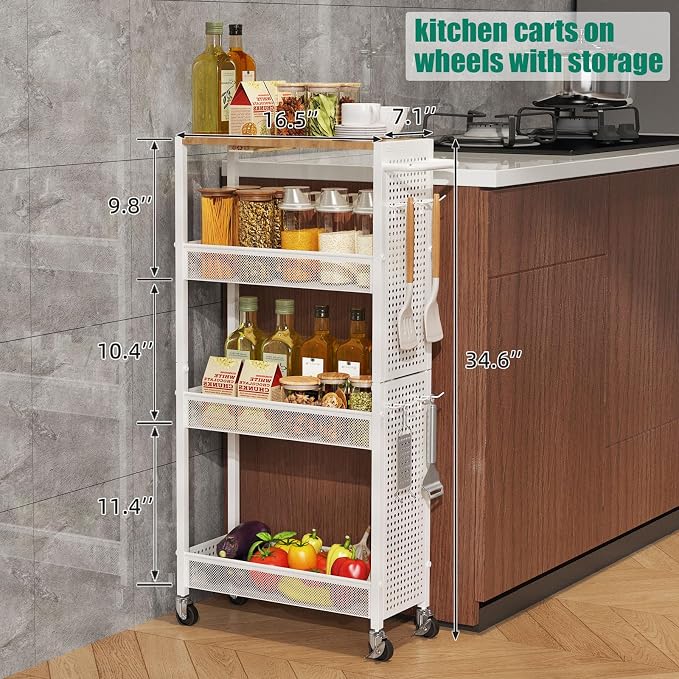 Slim Rolling Storage Cart with Wheels, 4-Tier Metal Utility Cart with Handle & - Image 2