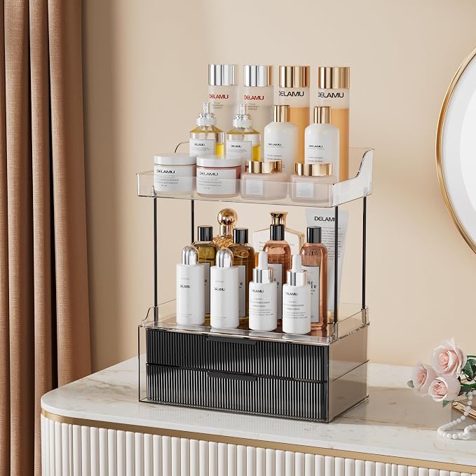 Delamu Bathroom Organizers and Storage, 2 Tier 2 Drawer Makeup Organizer - Image 3