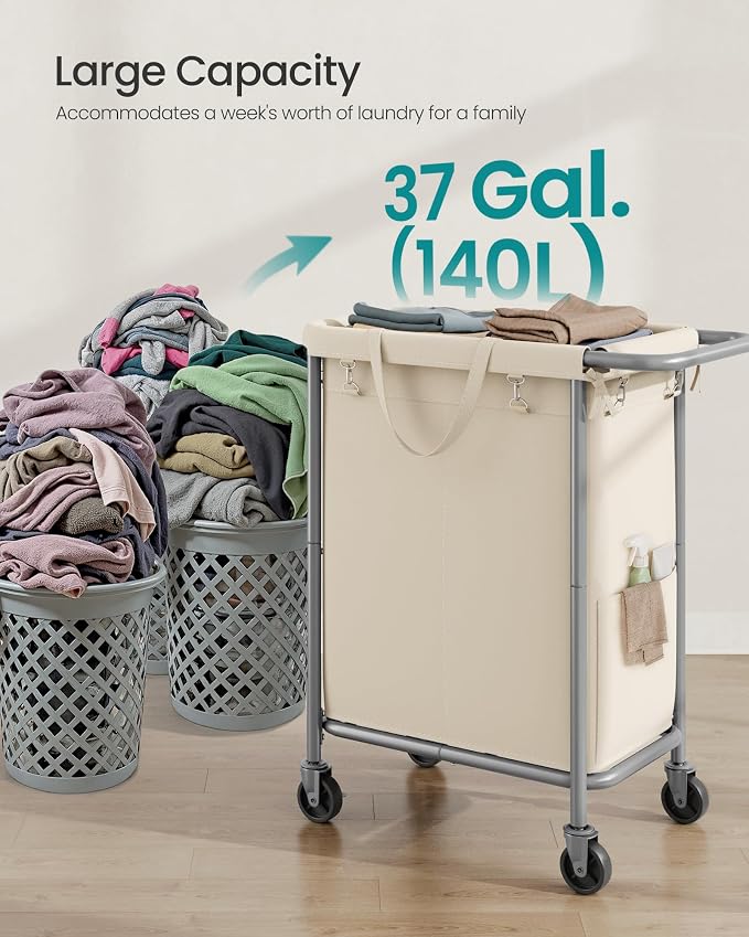 SONGMICS Laundry Basket with Wheels, 2-Section Rolling Laundry Hamper, 37 - Image 3