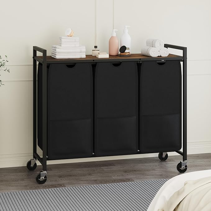 3-Section Laundry Hamper with Shelf Pull-Out Removable 12.8 gal Bags, Metal - Image 2